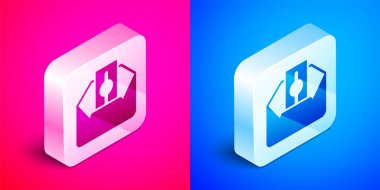 Isometric Donate or pay your zakat as muslim obligatory icon isolated on pink and blue background. Muslim charity or alms in ramadan kareem before eid al-fir. Silver square button. Vector