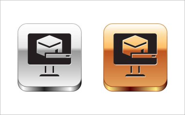 Black Kaaba mosque icon isolated on white background. Kaaba hajj Mecca pray pilgrimage Ramadan Islam muslim mosque. Silver and gold square buttons. Vector