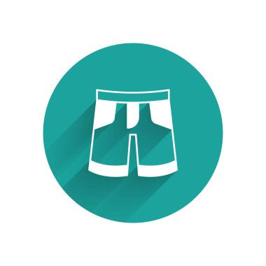 Beyaz kısa pantolon ikonu ya da uzun gölge arkaplan izole. Yeşil daire düğmesi. Vektör