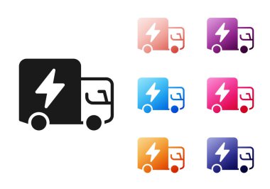 Beyaz arka planda siyah elektrikli kamyon ikonu izole edildi. Simgeleri renklendirin. Vektör