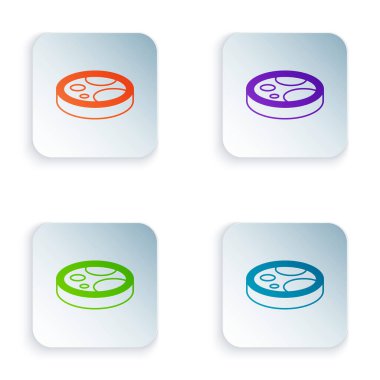 Beyaz arka planda izole edilmiş bakteri simgesi olan renkli Petri kabı. Kare düğmelere renkli simgeleri yerleştir. Vektör