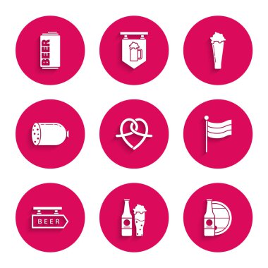 Simit şişesi ve cam ahşap varil Ulusal Almanya bayrak sokak tabelasını üzerinde salam sosis bardağı ve kutu ikonu yazılı olarak ayarla. Vektör.