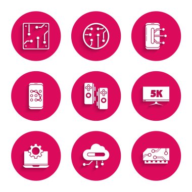 Gamepad, İnternet, RAM, rastgele erişim hafızası, 5k video, laptop, mobil grafik şifre koruması, akıllı telefon, cep telefonu ve işlemci simgesi ile monitör görüntüsü. Vektör