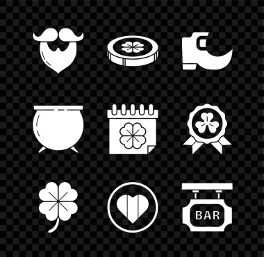 Bıyık ve sakal, Gelenek Leprikon çizmeleri, Dört Yürek Mutlu Aziz Patrick günü, sokak tabelası yazıt barı, cadı kazanı ve Patricks takvim ikonu. Vektör