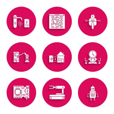Smart Home, Robot, ve dijital zaman yöneticisi, basılı devre kartı PCB, Endüstriyel makine robot kolu, ve kablosuz anahtar teknolojisiyle dijital kapı kilidi. Vektör