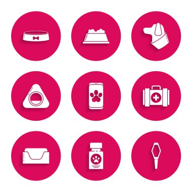 Çevrimiçi veteriner kliniği sembolü, köpek ilacı şişesi ve haplar, evcil hayvan ilacı, ilk yardım çantası, yatak ve yemek kasesi ikonu. Vektör