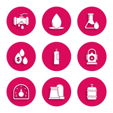 Endüstriyel benzin deposu, propan, benzin istasyonu, motor göstergesi dolar sembolü, benzin test tüpü ve sızan metal boruyu ayarla. Vektör