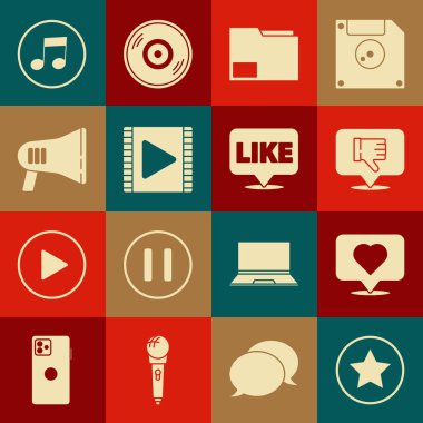 Star, Like and heart, Dislike in speech balonu, Document klasörü, Play Video, Megaphone, Music note, tone and icon. Vektör