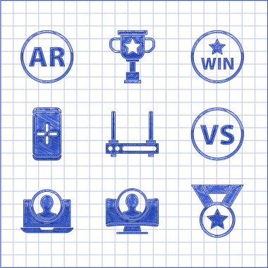 Yönlendirici ve wi-fi sinyali ayarla, hesap ekranı oluştur, Madalya kazan, VS Versus savaşı, oyunda oynayan akıllı telefon ve artırılmış gerçeklik simgesi. Vektör