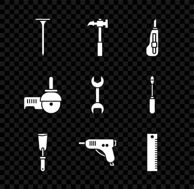 Metalik çivi, pençe çekici, kırtasiye bıçağı, macun, elektrikli tutkal tabancası, cetvel, açılı öğütücü ve İngiliz anahtarı simgesi. Vektör