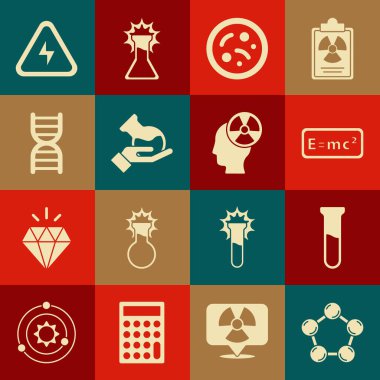 Molekül, tüp ve matara, denklem çözeltisi, bakteri, DNA sembolü, yüksek voltaj ve kafa radyasyonu ikonu ayarla. Vektör