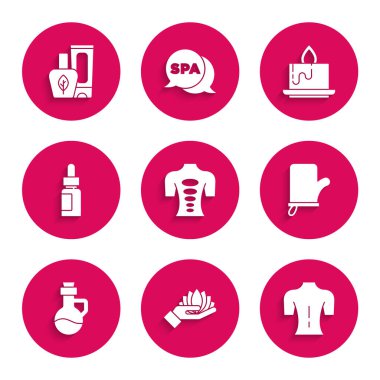 Masaj taşı terapisi, nilüfer çiçeği, sauna eldivenleri, temel yağ şişesi, Aroma mumu ve krem tüp ikonu. Vektör