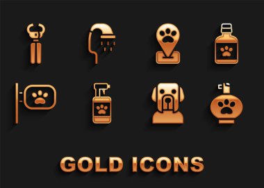 Evcil hayvan şampuanı, köpek ilacı şişesi, tımar, ev hayvanı, tırnak makası ve duş ikonu. Vektör