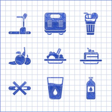 Sağlıklı yiyecekler, suyla bardaklar, bir şişe kek, sigara içilmeyen meyve suyu, taze meyve suyu ve koşu bandı ikonu. Vektör