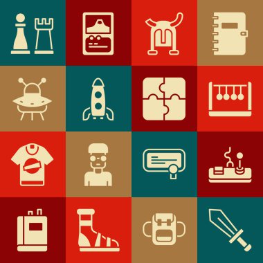 Oyun Kılıcı, Gamepad, Sarkacı, Boynuzlu Miğferli Viking, Roket gemisi, UFO uçan uzay gemisi, Satranç ve yapboz ikonu. Vektör