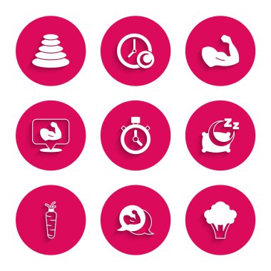 Stopwatch, vücut geliştirici kas, brokoli, zaman uykusu, havuç ve sıcak taşlar ikonu. Vektör