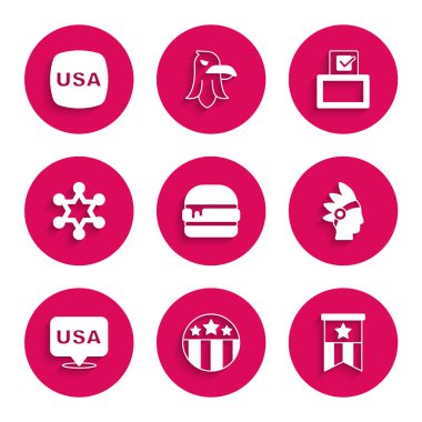 Set Burger, Yıldız Madalyası, Amerikan bayrağı, Kızılderili, Amerikan Bağımsızlık Günü, Hexagram şerifi, oy sandığı ve ikonu. Vektör