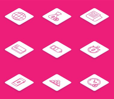 Dünya küresi, para çantası ve sikke, Dosya belgesi, kredi kartı, pil seviyesi göstergesi, zaman para, dolar sembollü akıllı telefon ve altın külçeli ikon. Vektör