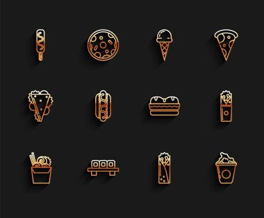 Karton kutuda ve çubuklarda Asya eriştesi, kesme tahtasında suşi, dondurma, Doner kebap, patlamış mısır karton, hardallı Hotdog sandviçi ve sandviç ikonu. Vektör