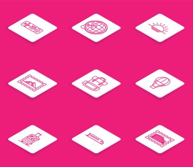 Set hattı uçak bileti, uçan uçak Globe, Günbatımı, posta pulu ve Mısır piramitleri, yürüyüş sırt çantası, sıcak hava balonu, seyahat çıkartmaları ve tren ikonu için bavul. Vektör