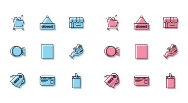 Satın alma, Kredi kartı, alışveriş arabası ve yiyecek, kağıt alışveriş torbası, insan el kredisi, tabela asma ve asma simgesi içeren bir etiket ayarla. Vektör