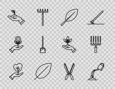 Ağaç hattını çevreci koruma altına alın, su kovası, Yaprak, Filiz, Kürek, bahçe makası budamak ve tırmık işi ikonu. Vektör