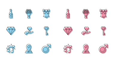Set hattı notası, kalpli ton, haritalı kalem, şampanya şişesi, erkek cinsiyet sembolü, Kalp eli, anahtar şekli, elmas ve çiçek ikonu. Vektör