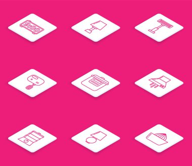 Hat kurun Dijital alarm saati, masa lambası, elektrikli ısıtıcı, mikser, Yavaş fırın, mutfak vantilatörü, çift kazan ve ikon. Vektör