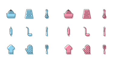 Şef şapkası, fırın eldiveni, Citrus meyve sıkacağı, Spatula, mutfak kepçesi, Knife, Rolling pin ve Grater ikonu. Vektör