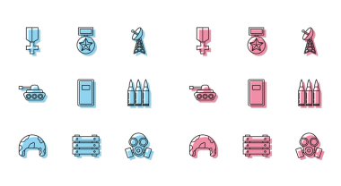 Askeri miğfer, cephane kutusu, ödül madalyası, gaz maskesi, polis saldırı kalkanı, kurşun, tank ve ikon. Vektör