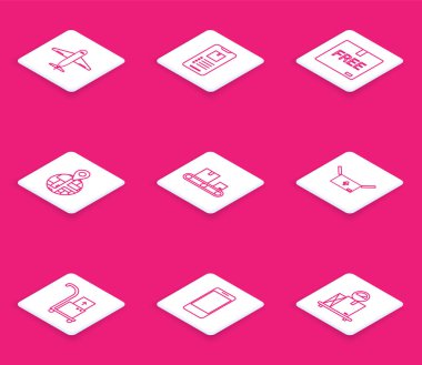 Hat Plane, uygulama dağıtım takibi olan cep telefonu, karton kutusuz sembol, konveyör kayışı karton, trafik, el arabası ve kutular ve simge. Vektör