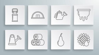 Sulama kutusu, Hangar, Saman Yuvarlama, Armut, Ayçiçeği, Süt ikonu için Udder ve Konteynırı ayarlayın. Vektör