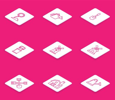 Ayçiçeği, su tenekesi, kürek, konteynır süt, yel değirmeni, tırmık ve çiftlik evi konsepti ikonu. Vektör