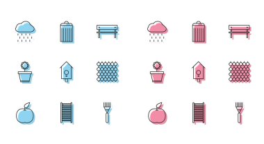 Apple, tahta merdiven, yağmurlu Bulut, bahçe tırmığı, Retro duvar saati, çit ahşabı, saksı ve çöp tenekesi ikonu. Vektör