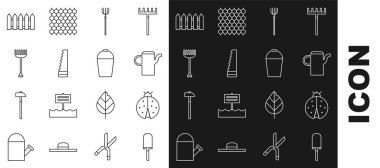 Bahçe küreği, kürek, uğur böceği, su kovası, yaba, testere, tırmık, çit tahtası ve kova ikonu. Vektör