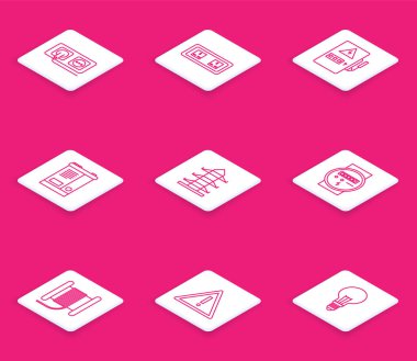 Elektrik prizi, panel, araba aküsü, yüksek voltaj elektrik direği hattı, metre, elektrik kablosunu makara veya davul ve ünlem üçgeni simgesine ayarla. Vektör