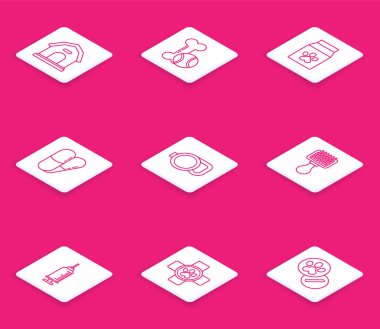 Sabit çizgi köpek evi, evcil hayvan oyuncakları kemik kauçuk ve top, evcil hayvan için yiyecek çantası, haplar, geri döndürülebilir ip tasması, saç fırçası köpek kedisi, aşılı şırınga ve veterinerlik kliniği sembolü. Vektör