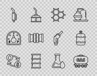 Benzin halkaları, varil yağı, benzin pompası nozülü, endüstriyel metalik borular ve valf, benzin test tüpü ve propan gaz tankı ikonundan oluşan bir kimyasal formül. Vektör