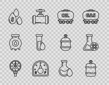 Motor benzin göstergesi, propan tankı, petrol demiryolu deposu dolar sembolü, benzin test tüpü ve antifriz ikonu koyun. Vektör
