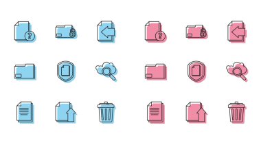 Satır Belgesi, Dosya Yükleme belgesi, Bilinmeyen, Çöp kutusu, koruma konsepti, Arama Bulutu hesaplama, dizin ve klasör ve kilit simgesi ayarlayın. Vektör