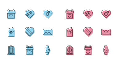 Hattı kuş kafesine koyun, kalpli hediye kutusu, takvim, kol saati, Candy şeklinde, Zarif Sevgililer Günü broşürü ve ikonu. Vektör
