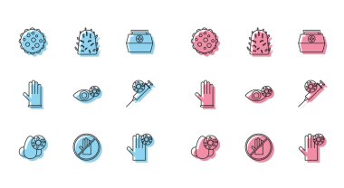 Akan burun ve virüs, tokalaşma yok, Virüs, El, Şırınga, lastik eldiven ve kuduz ikonu yüzünden kırmızımsı göz. Vektör