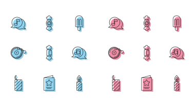 Firework roketi, tebrik kartı, müzikal nota balonu, doğum günü pastası mumları, diski ve ikonu olan Candy, Vinil player. Vektör