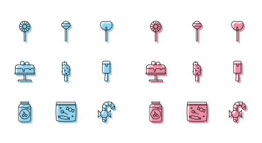 Hattı belirle kiraz reçeli kavanozu, şeker paketi, lolipop, Noel şekeri bastonu, dondurma, tabakta pasta ve ikon. Vektör