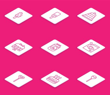 Dondurma, Kek, tabakta, kiraz reçeli kavanozu, şeker paketi, lolipop ve yanan mum ikonu. Vektör