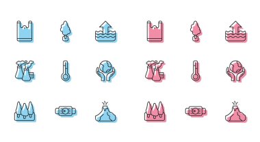 Hat ormanı, tıbbi koruyucu maske, plastik torba, volkan püskürmesi lav, meteoroloji termometresi, Dünya 'yı tutan eller, fabrika ve ağaç ikonundan duman. Vektör