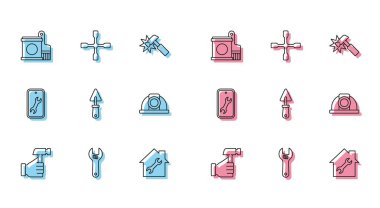 Çekiç, ayarlanabilir anahtar, boya kovası ve fırça, ev onarımı, mala, işçi kaskı, mobil servis ve tekerlek ikonu. Vektör