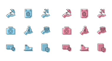 Kalkan, gemi, şemsiye, para, ev, ilk yardım çantası ve takvim ikonu ile kredi kartını ayarla. Vektör