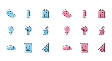 Croissant, Bag veya paket patates cipsi, omlet, pizza dilimi, lolipop, Asya eriştesi ve çubukları, waffle külahında dondurma ve şeker ikonu. Vektör