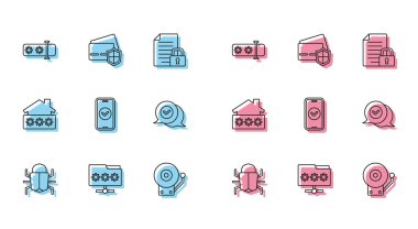 Satır Sistem hatasını ayarla, Parola içeren Dizin, Parola koruması, Çalan alarm zili, Akıllı Telefon, Denetim İşareti konuşma balonu, Ev ve Kredi kartı rozeti simgesi. Vektör